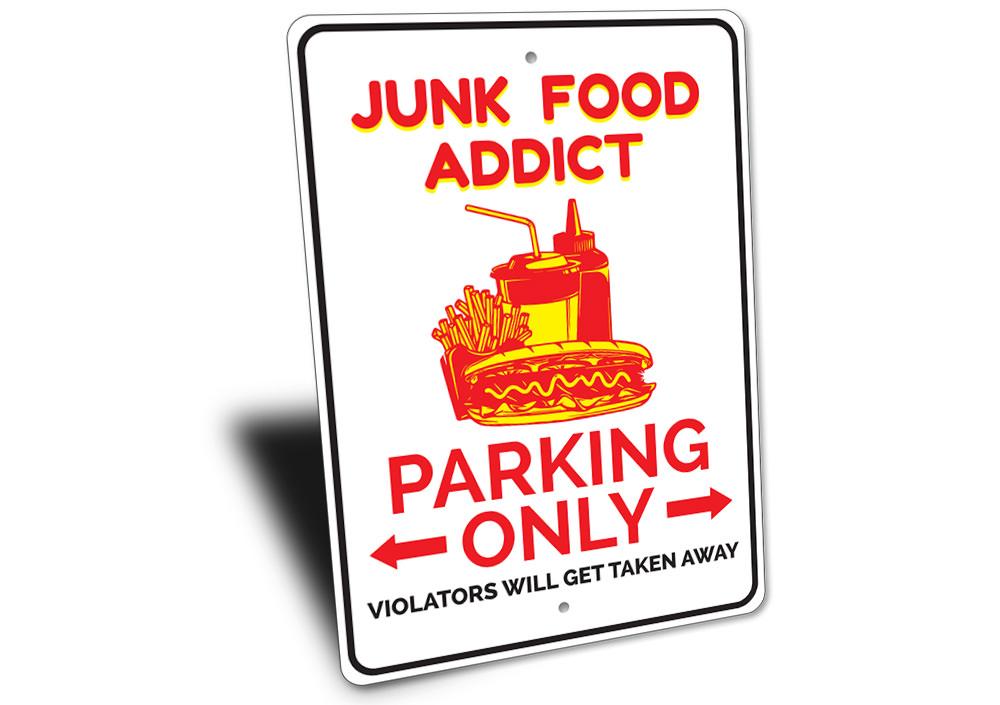 A vibrant Food Lover Parking Sign made of aluminum, featuring unique food-themed designs, perfect for personalizing parking spaces.