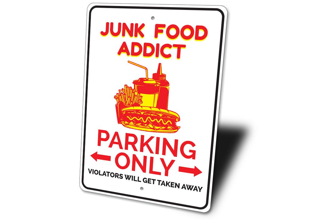 A vibrant Food Lover Parking Sign made of aluminum, featuring unique food-themed designs, perfect for personalizing parking spaces.