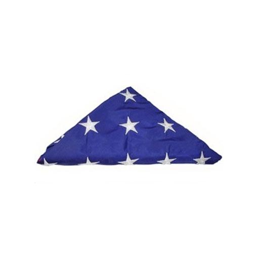 A beautifully folded American flag, hand-folded by veterans, showcasing embroidered stars and sewn stripes, made from high-quality cotton.