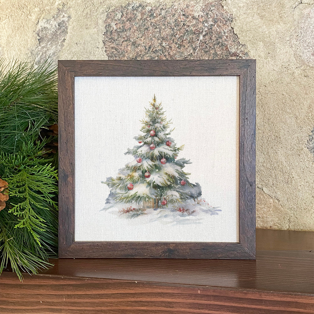 Forest Christmas Tree framed sign with walnut veneer frame and linen-look background, perfect for holiday decor.