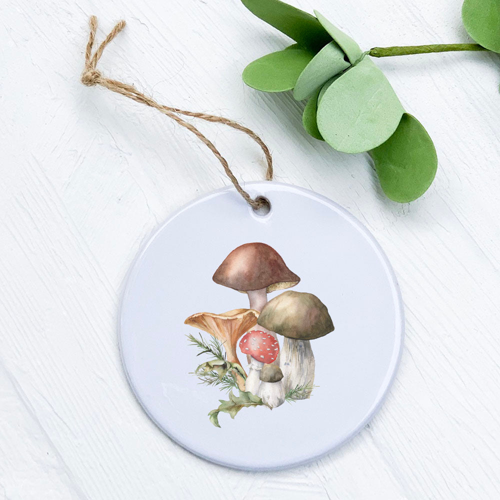 A beautifully crafted porcelain ornament featuring a Forest Mushrooms design, showcasing vibrant colors and a glossy finish.