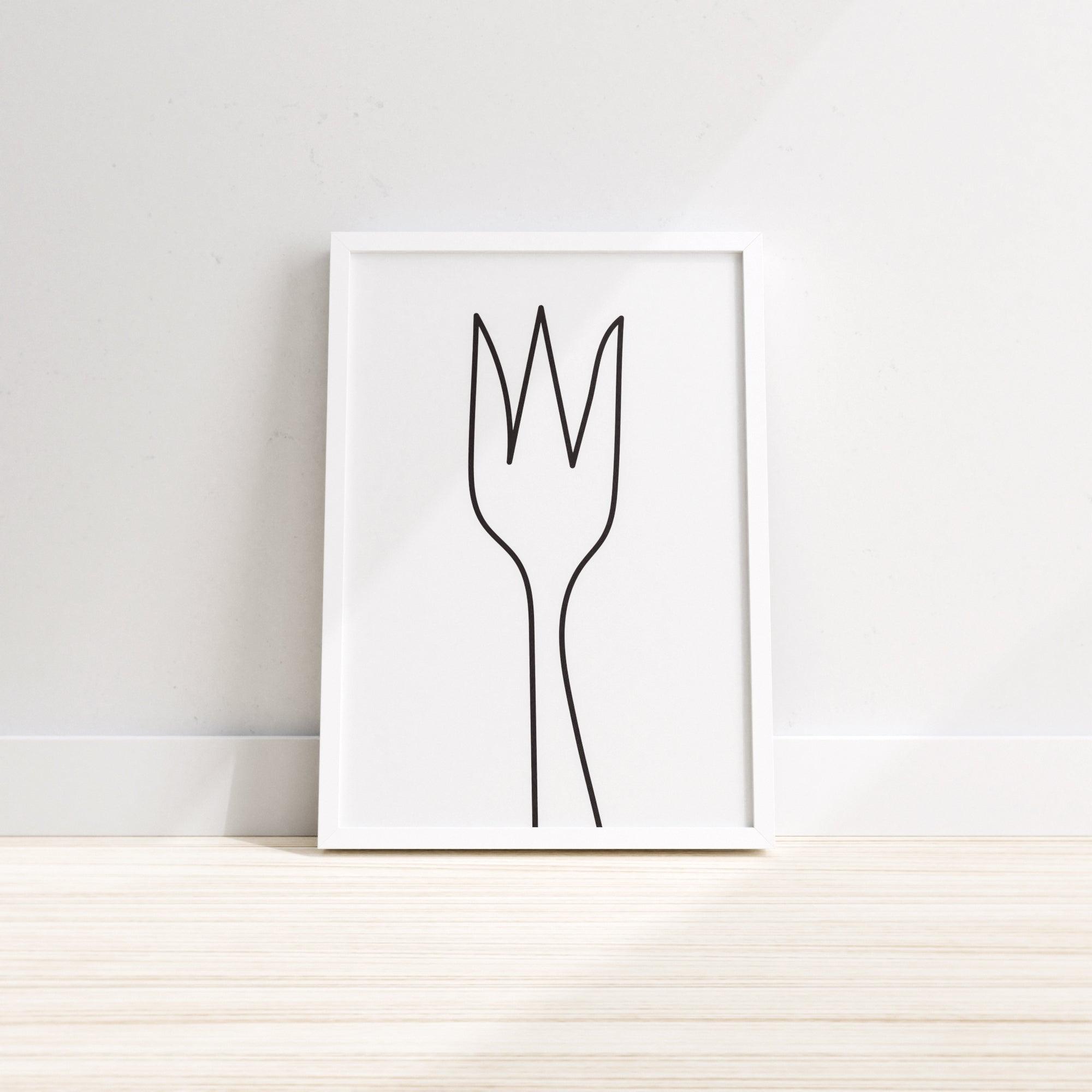 A stylish fork wall print designed for kitchen and dining room decor, featuring a creative illustration on premium paper.