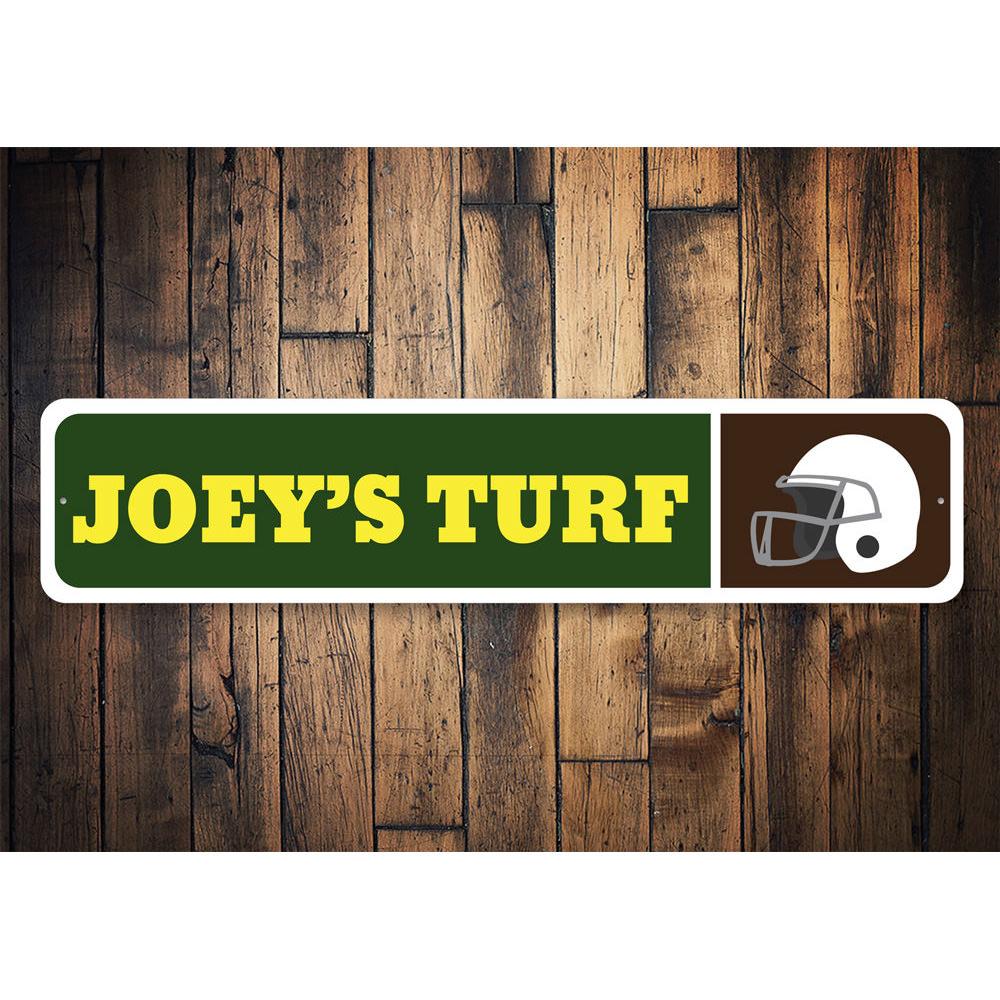 A decorative Football Helmet Sign made of high-quality aluminum, featuring customizable text, perfect for kids' rooms and sports enthusiasts.
