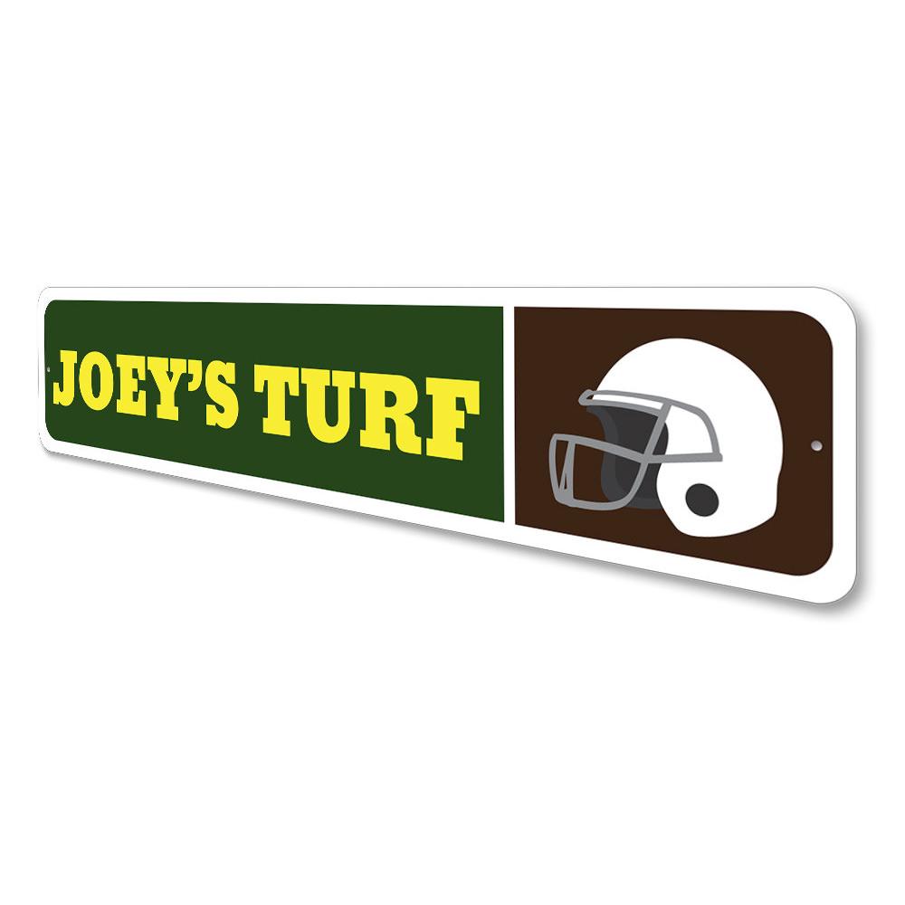 A decorative Football Helmet Sign made of high-quality aluminum, featuring customizable text, perfect for kids' rooms and sports enthusiasts.