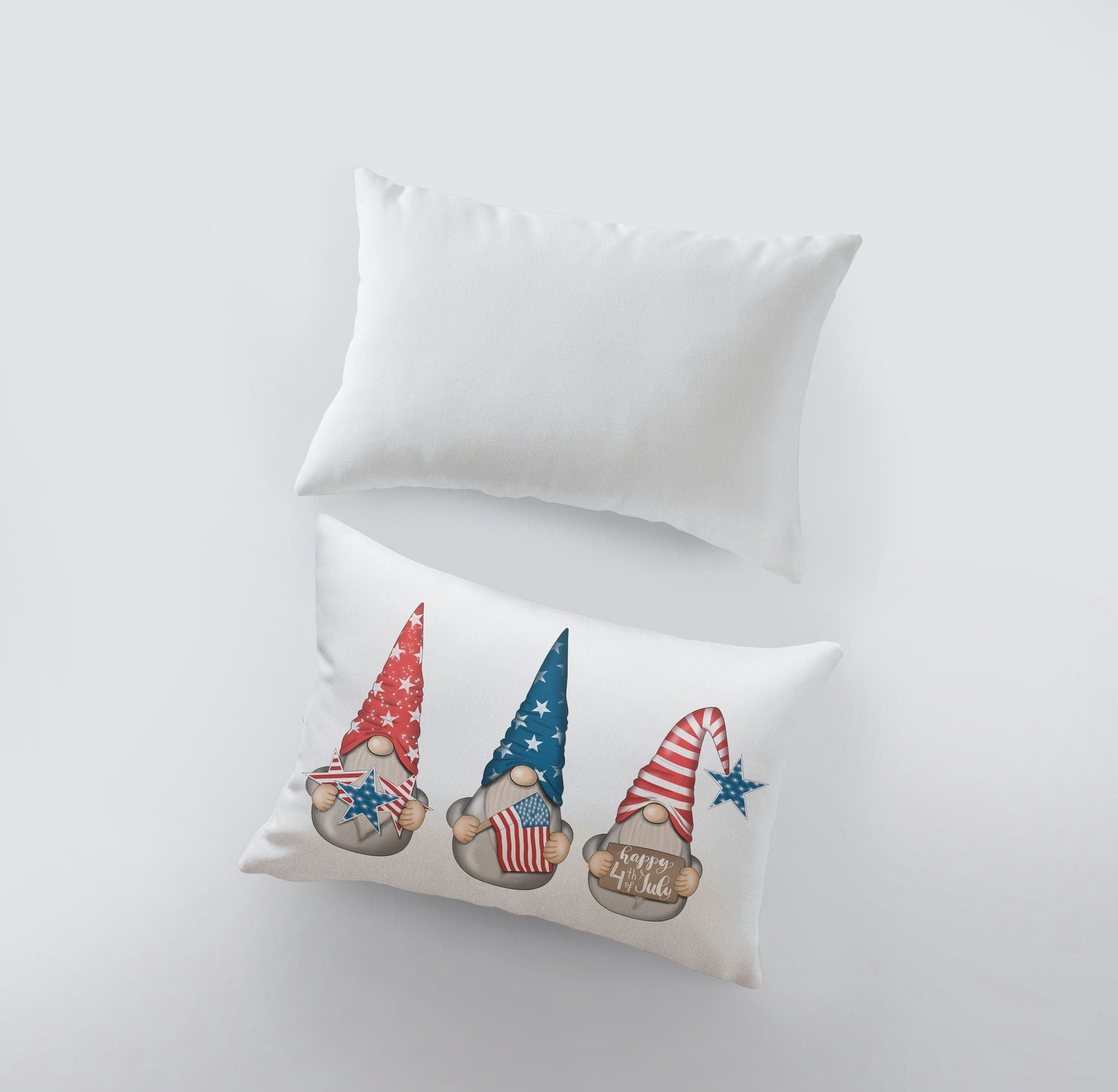 A festive Fourth of July Gnome pillow cover featuring gnomes with stars and stripes hats, perfect for holiday decor.
