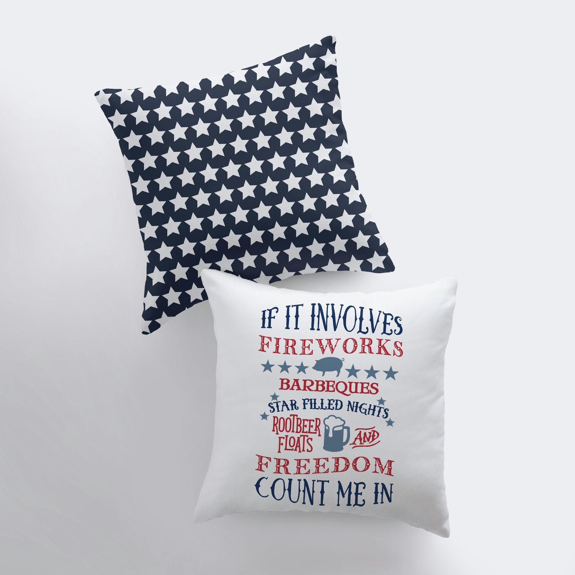 Handmade Fourth of July pillow cover featuring a vibrant design on one side and blue stars on the other, perfect for home decor.