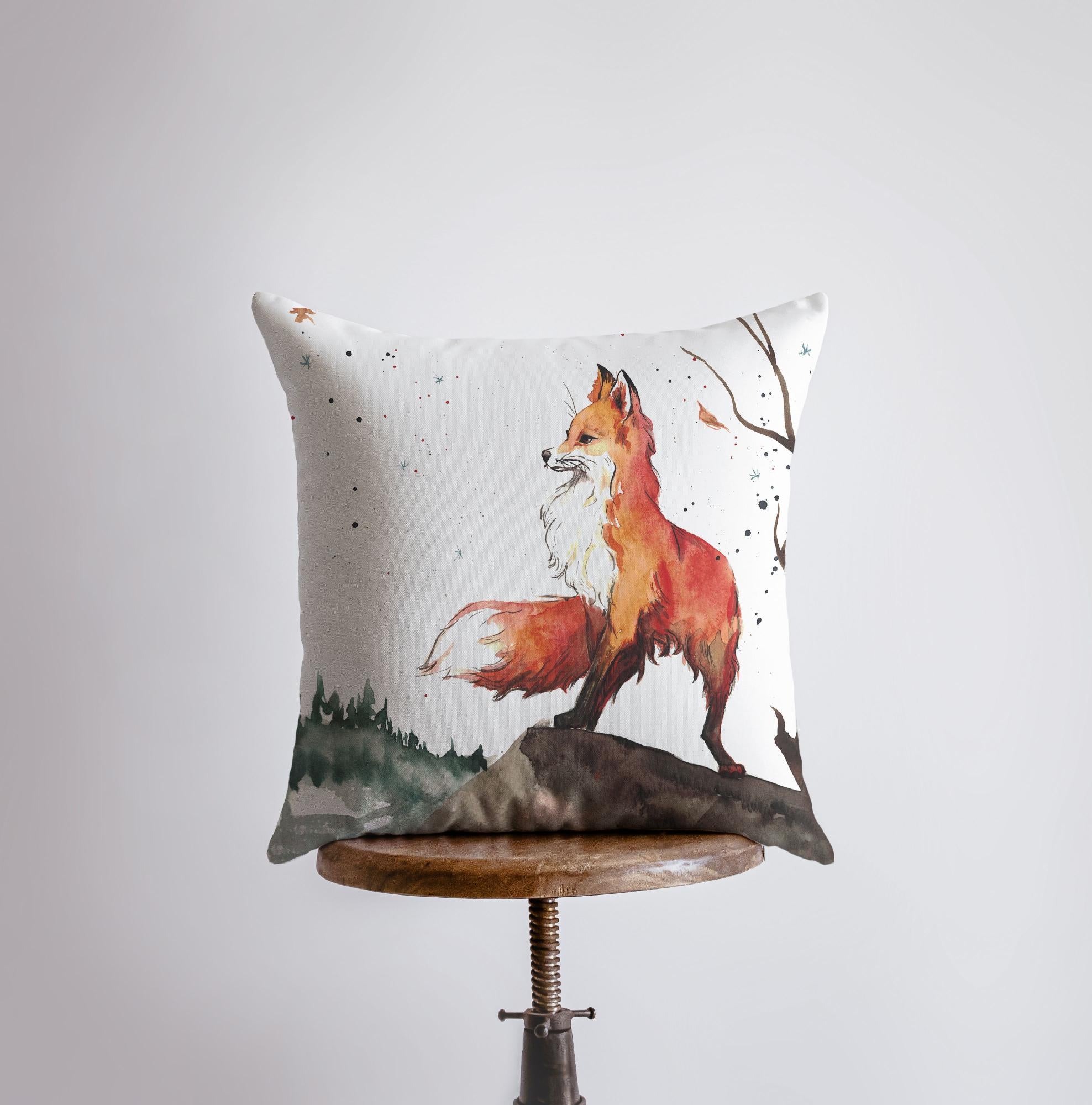 Charming watercolor fox pillow cover, perfect for nursery decor, featuring a concealed zipper and soft cotton-polyester blend fabric.