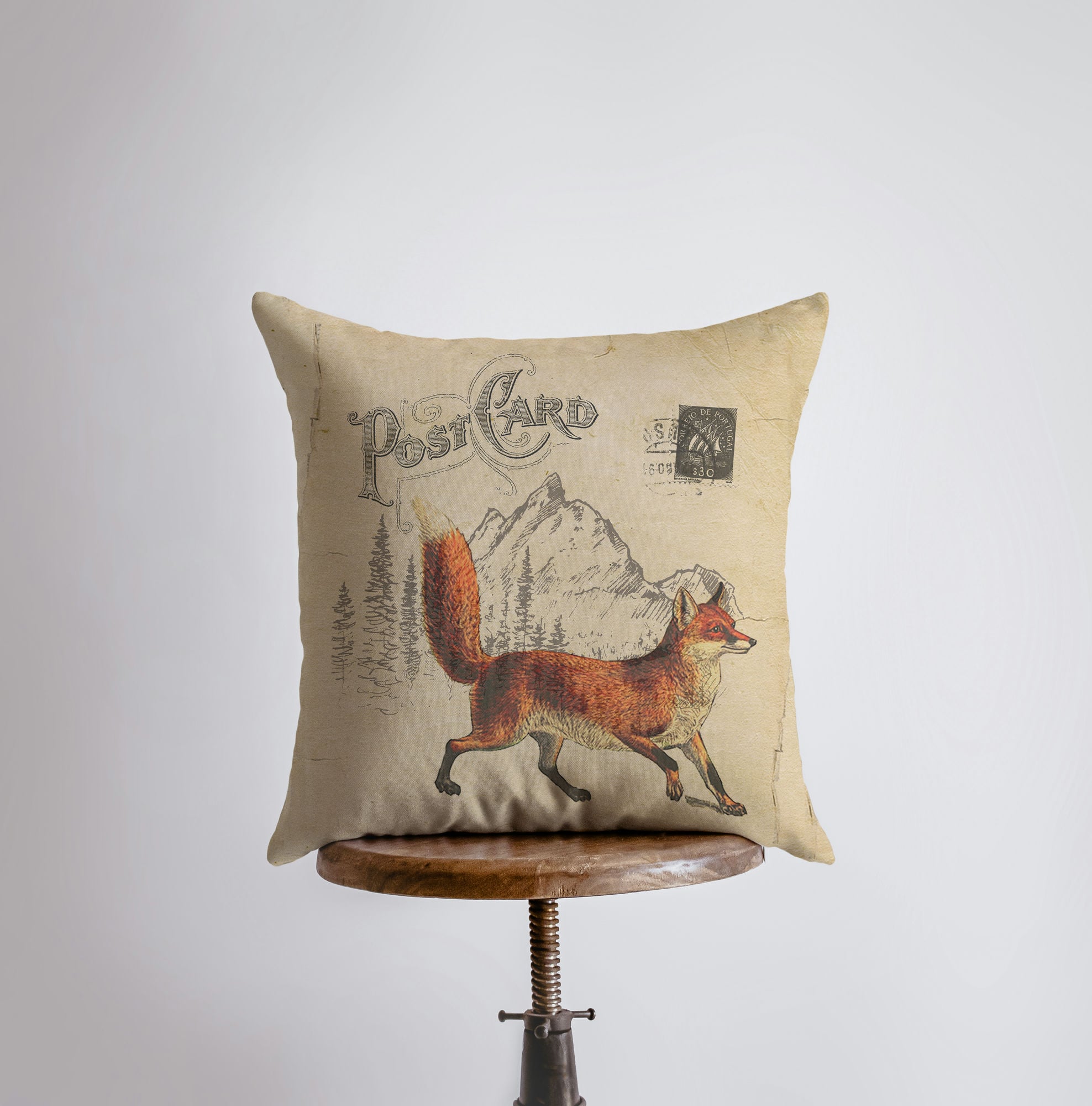 A cozy Fox Postcard Pillow Cover featuring a vintage red fox design on the front and a beige back, perfect for farmhouse decor.