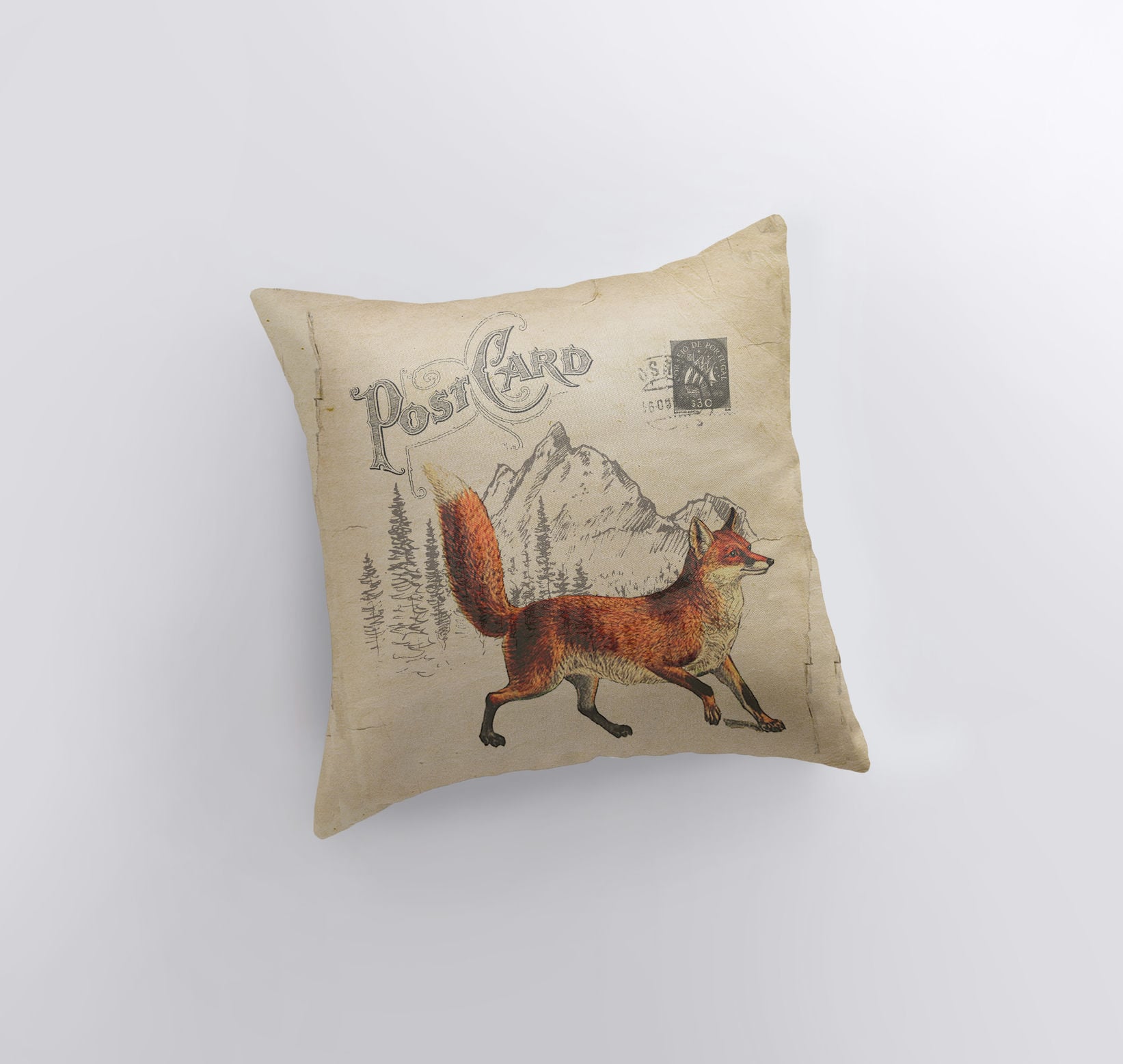A cozy Fox Postcard Pillow Cover featuring a vintage red fox design on the front and a beige back, perfect for farmhouse decor.