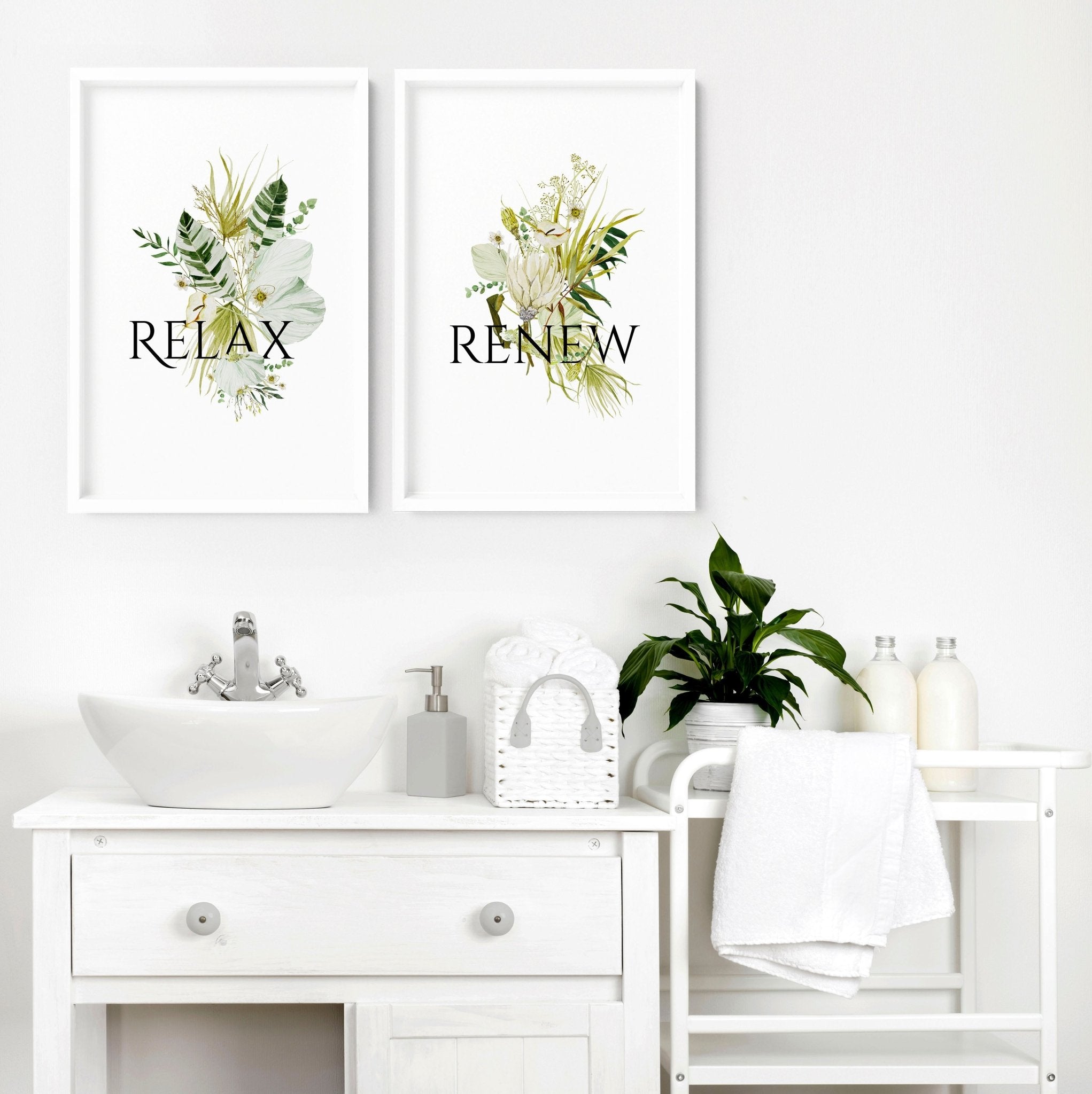 Set of 2 framed bathroom wall art featuring vibrant botanical prints in ready-to-hang frames, perfect for enhancing home decor.