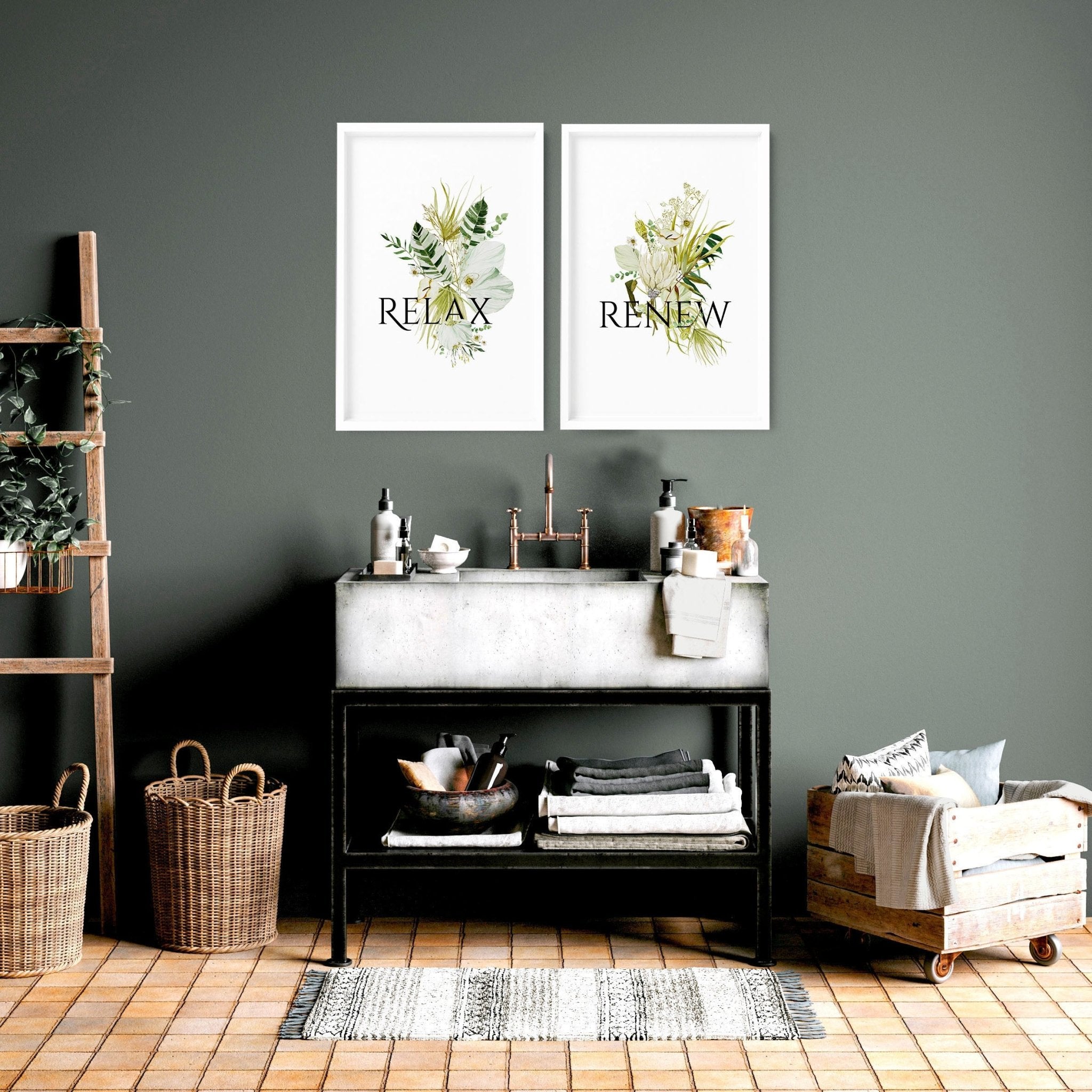 Set of 2 framed bathroom wall art featuring vibrant botanical prints in ready-to-hang frames, perfect for enhancing home decor.