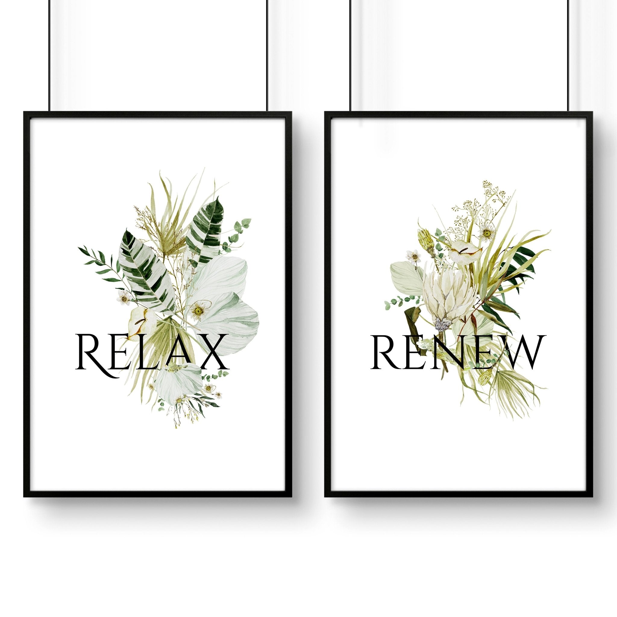 Set of 2 framed bathroom wall art featuring vibrant botanical prints in ready-to-hang frames, perfect for enhancing home decor.
