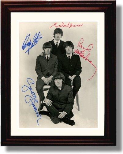 Framed 8x10 glossy print of the Beatles with printed signatures, perfect for fans and collectors.