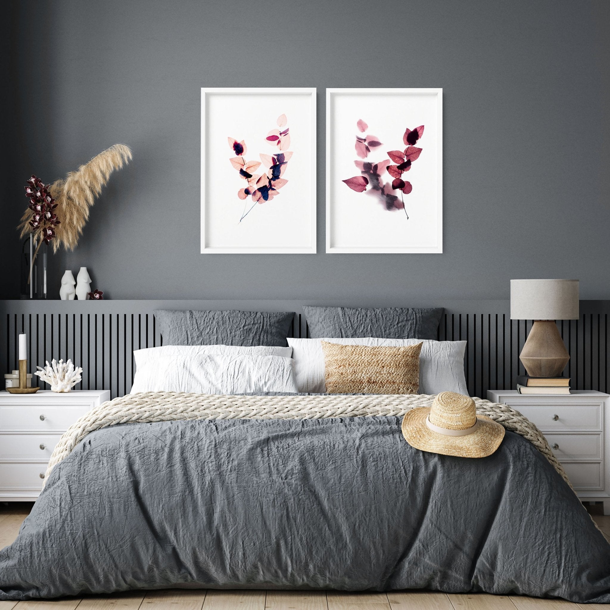 Set of 2 framed Autumnal Botanical wall art prints in rich Burgundy tones, showcasing intricate leaves and blooms for a cozy bedroom atmosphere.