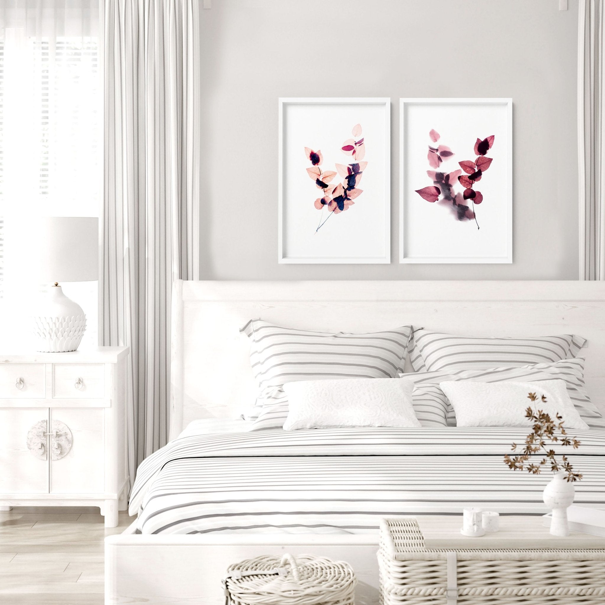 Set of 2 framed Autumnal Botanical wall art prints in rich Burgundy tones, showcasing intricate leaves and blooms for a cozy bedroom atmosphere.