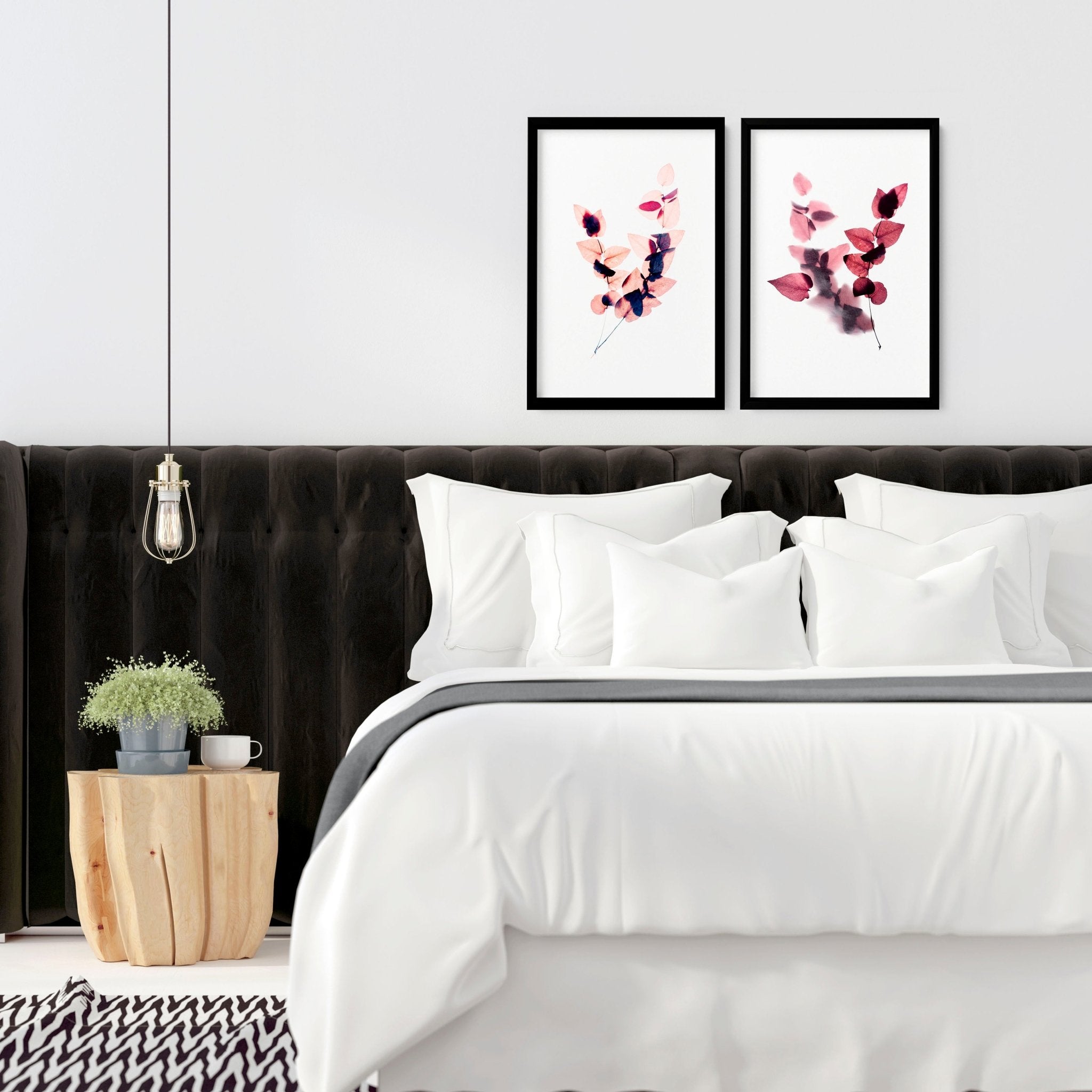 Set of 2 framed Autumnal Botanical wall art prints in rich Burgundy tones, showcasing intricate leaves and blooms for a cozy bedroom atmosphere.