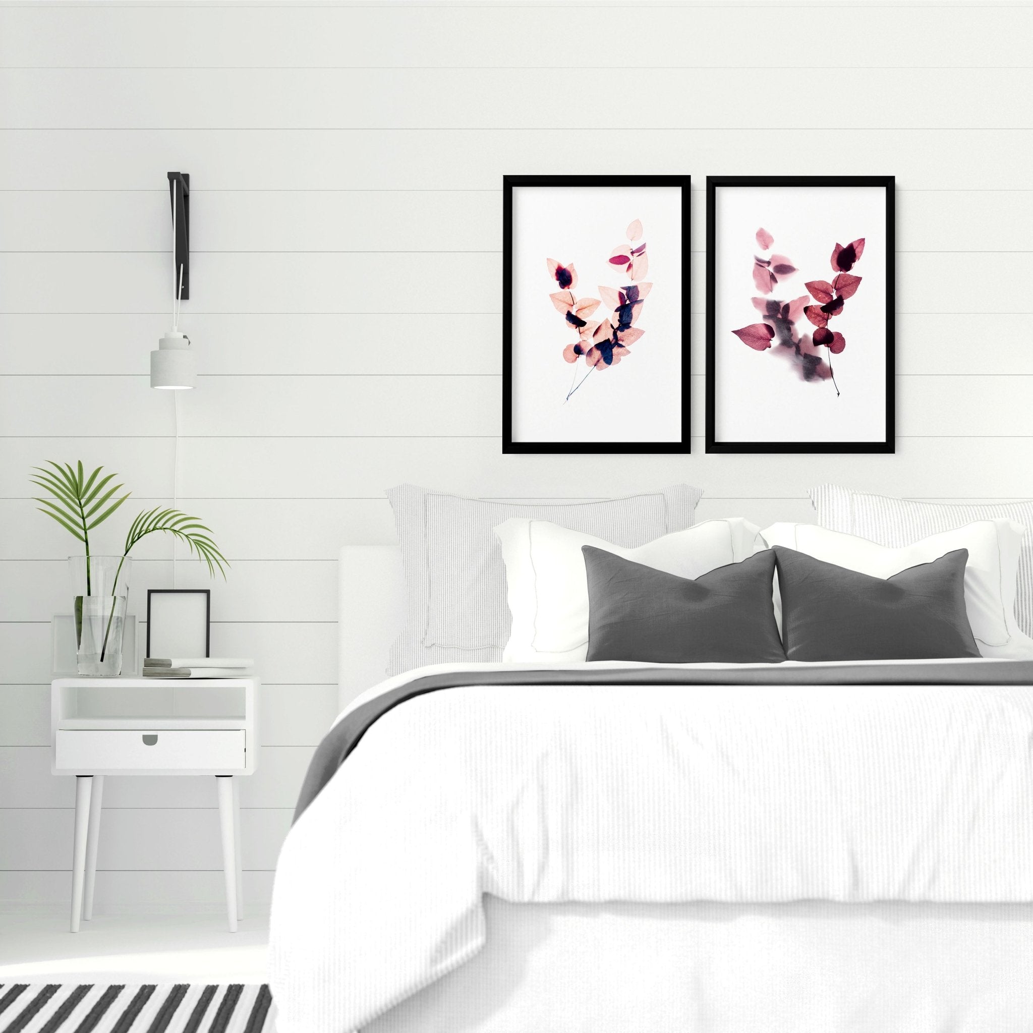 Set of 2 framed Autumnal Botanical wall art prints in rich Burgundy tones, showcasing intricate leaves and blooms for a cozy bedroom atmosphere.