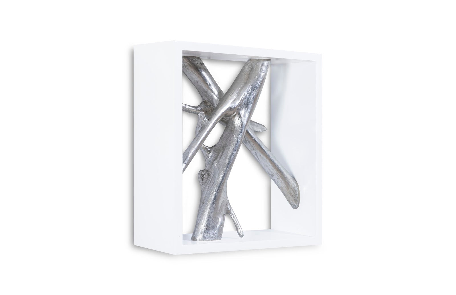 Framed Branches Wall Tile in White and Silver Leaf, showcasing intricate branch designs with a luxurious silver leaf finish.