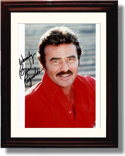 Framed 8x10 glossy print of Burt Reynolds with a printed autograph, showcasing his iconic image.