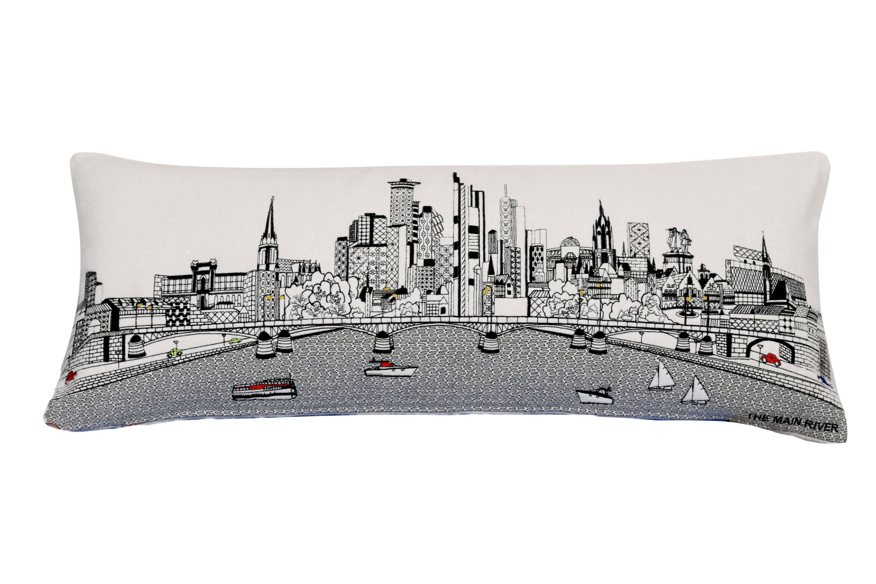 Frankfurt Pillow featuring embroidered skyline design with quirky graphics, available in Day and Night color variants.