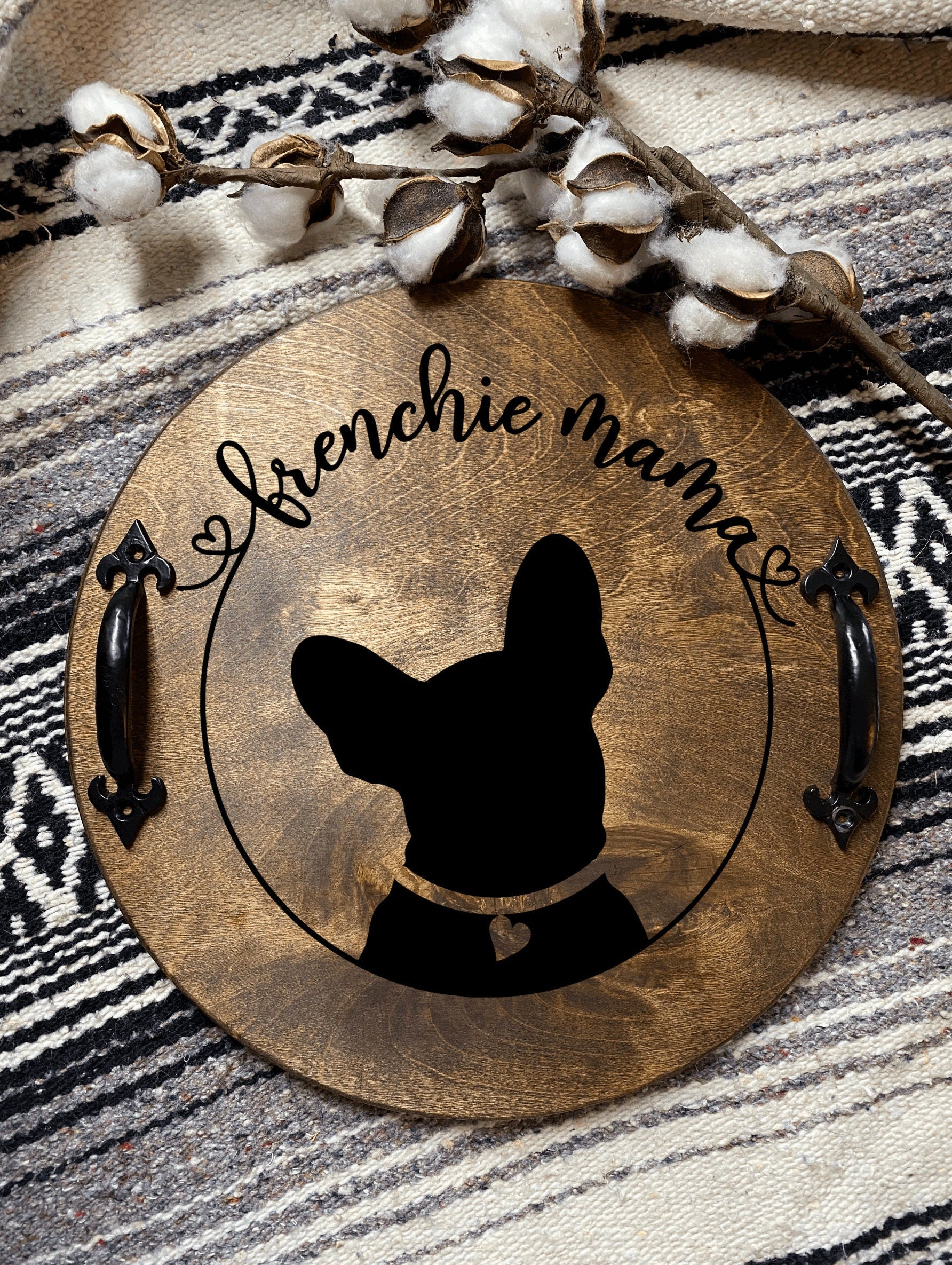 Handmade wood serving tray featuring a French Bulldog design, stained in Cherry or Chestnut, with optional black metal handles.