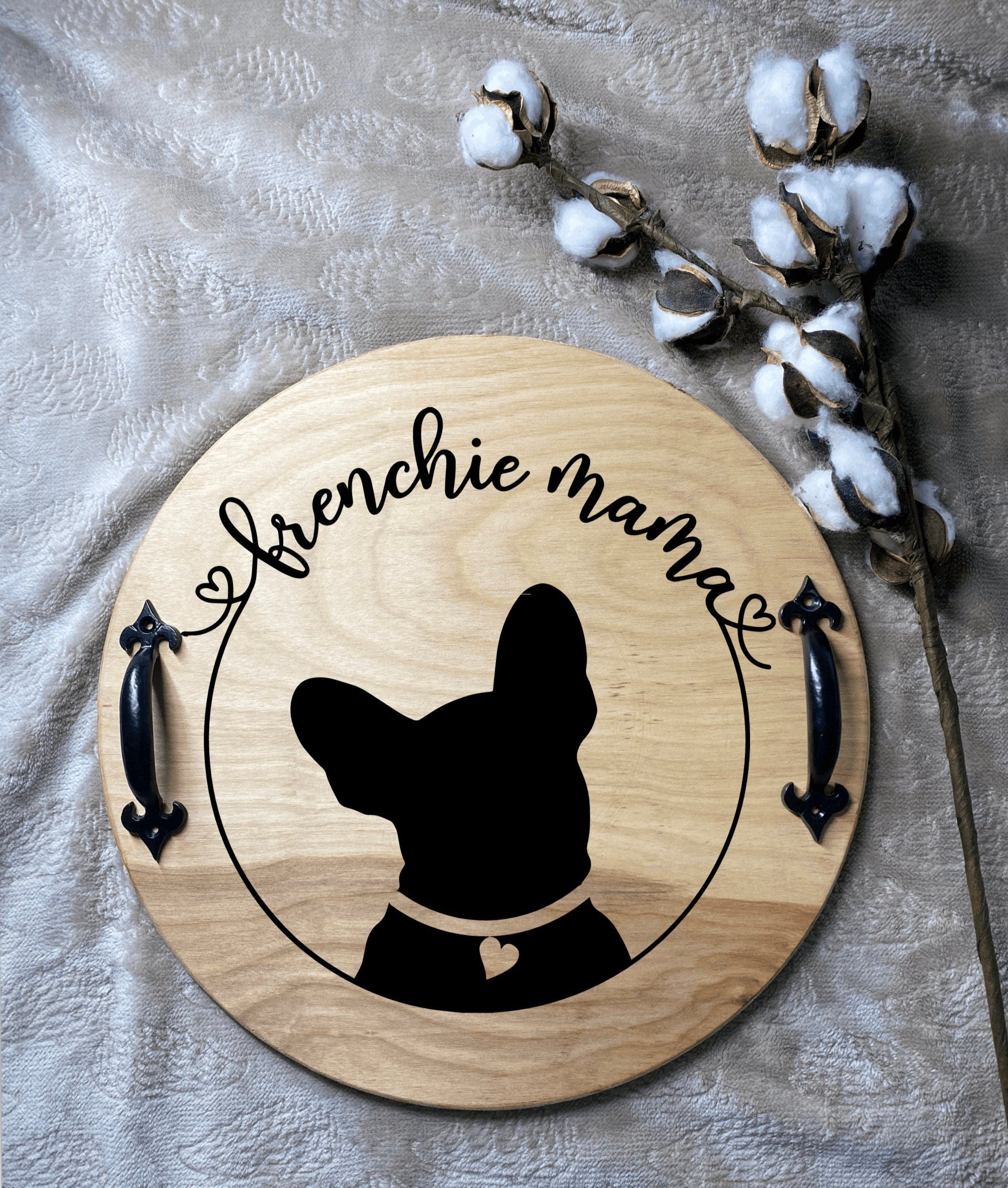 Handmade wood serving tray featuring a French Bulldog design, stained in Cherry or Chestnut, with optional black metal handles.
