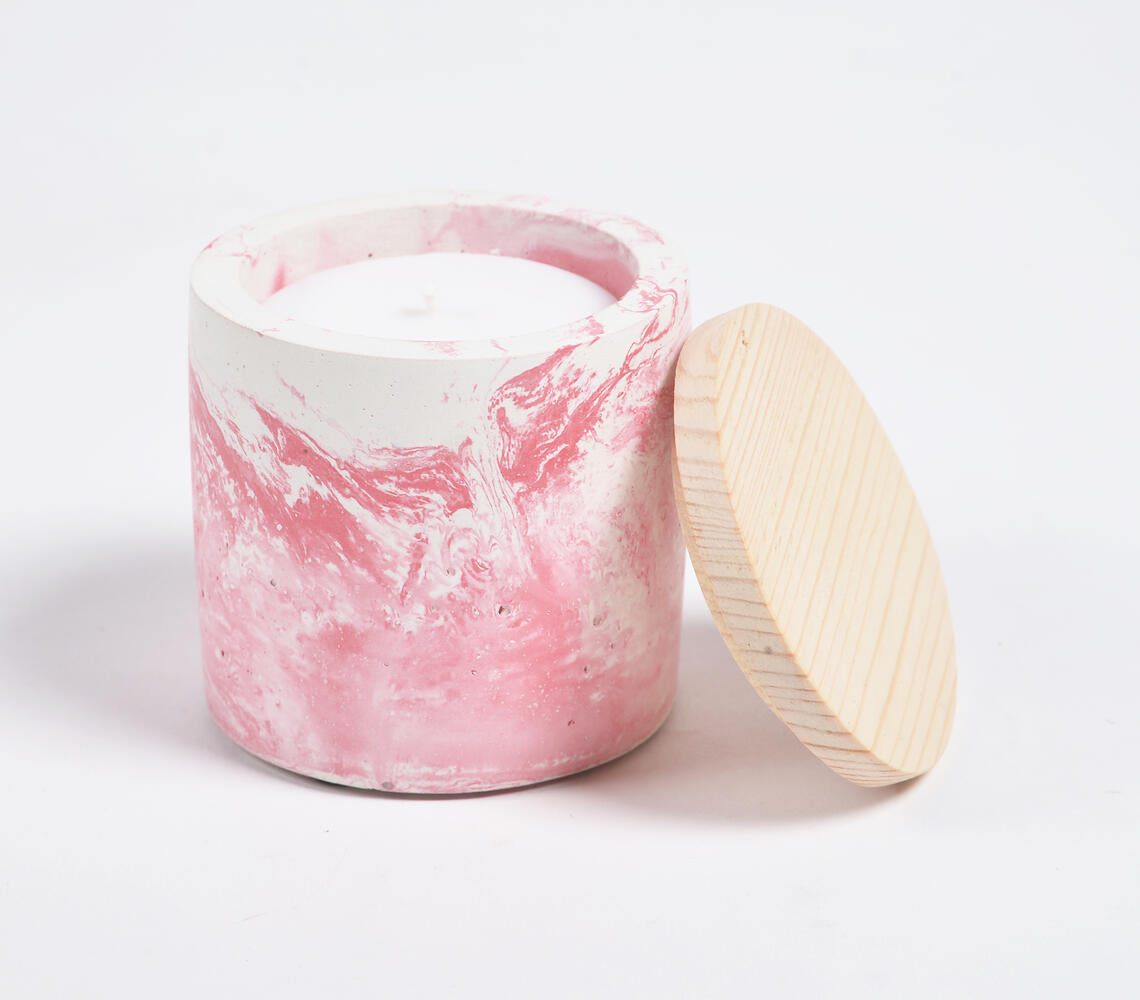 French Cut Roses Wax Candle in a marbled concrete jar with a wooden lid, showcasing a calming pink hue.