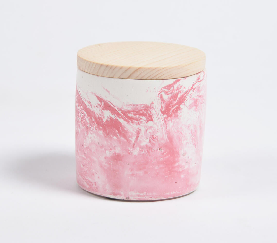 French Cut Roses Wax Candle in a marbled concrete jar with a wooden lid, showcasing a calming pink hue.