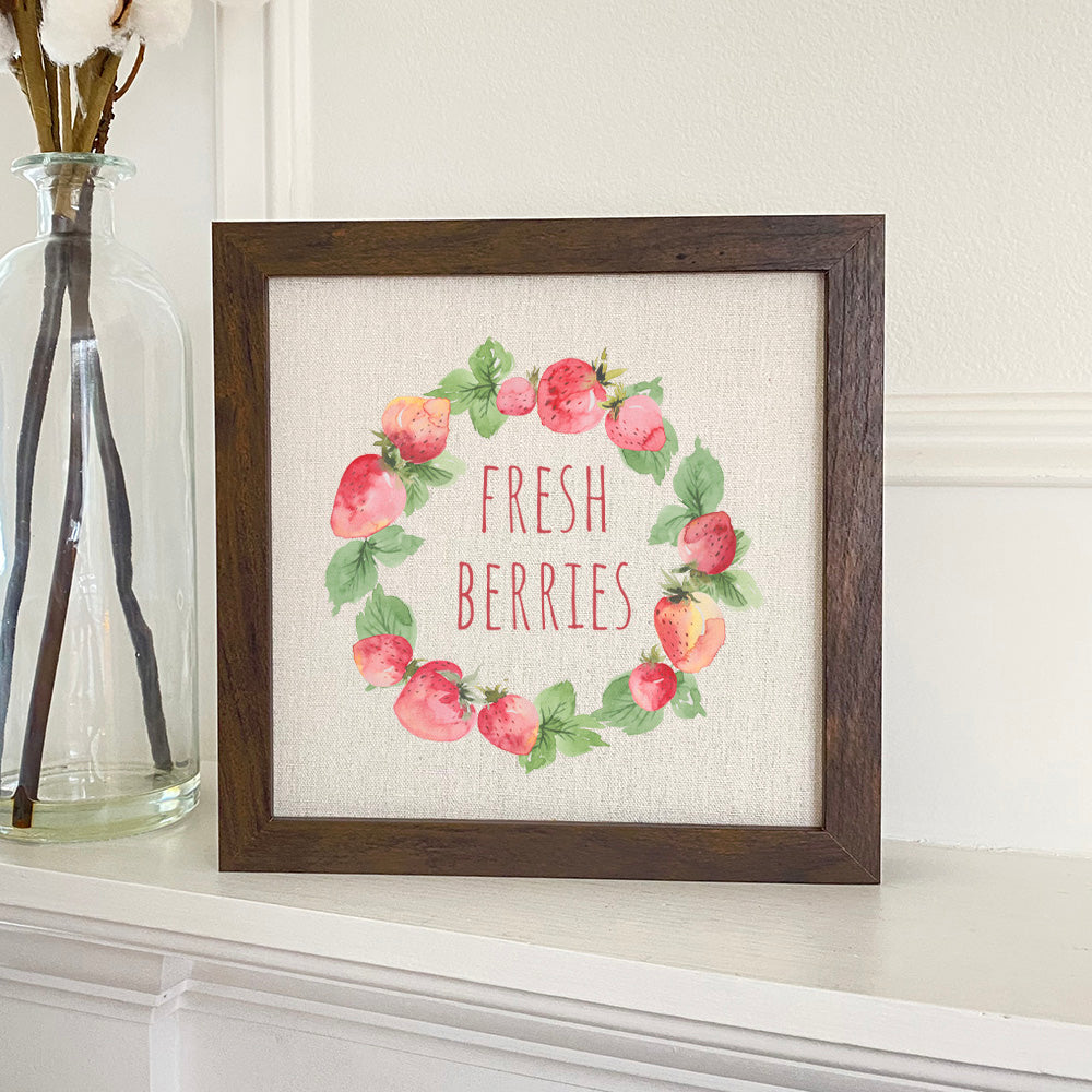Fresh Berries Framed Sign with a wood frame, featuring a linen-look background and eco-friendly ink printing.