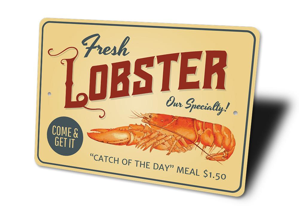 Fresh Lobster Meal Sign made of aluminum, featuring vibrant colors and a coastal design, perfect for beach houses and seafood restaurants.