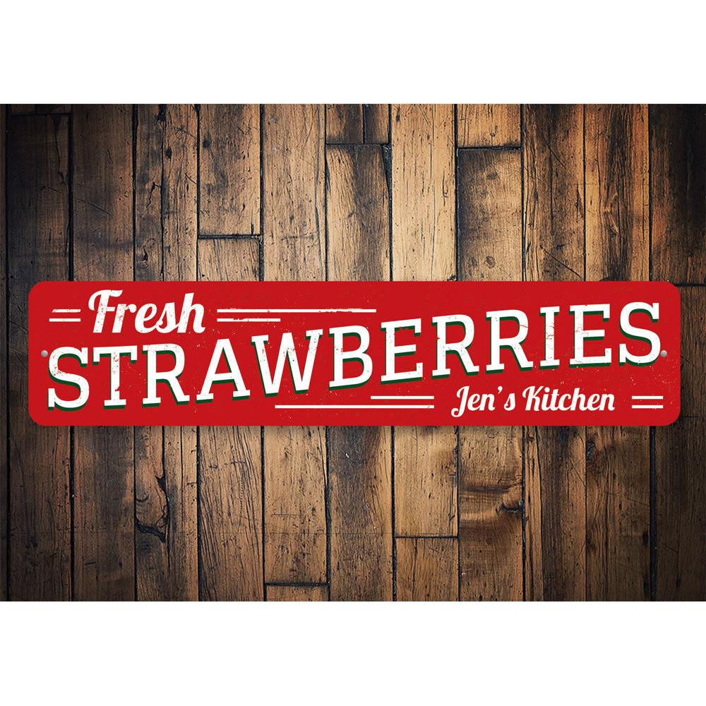 A vibrant Fresh Strawberries Sign made of high-quality aluminum, featuring a colorful strawberry design, perfect for business or home decor.