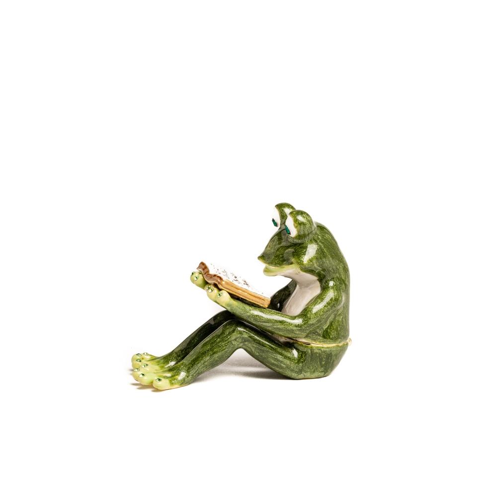 Handmade Frog Reading a Book trinket box, adorned with Austrian crystals and 925 silver plating, elegantly displayed in a black box.