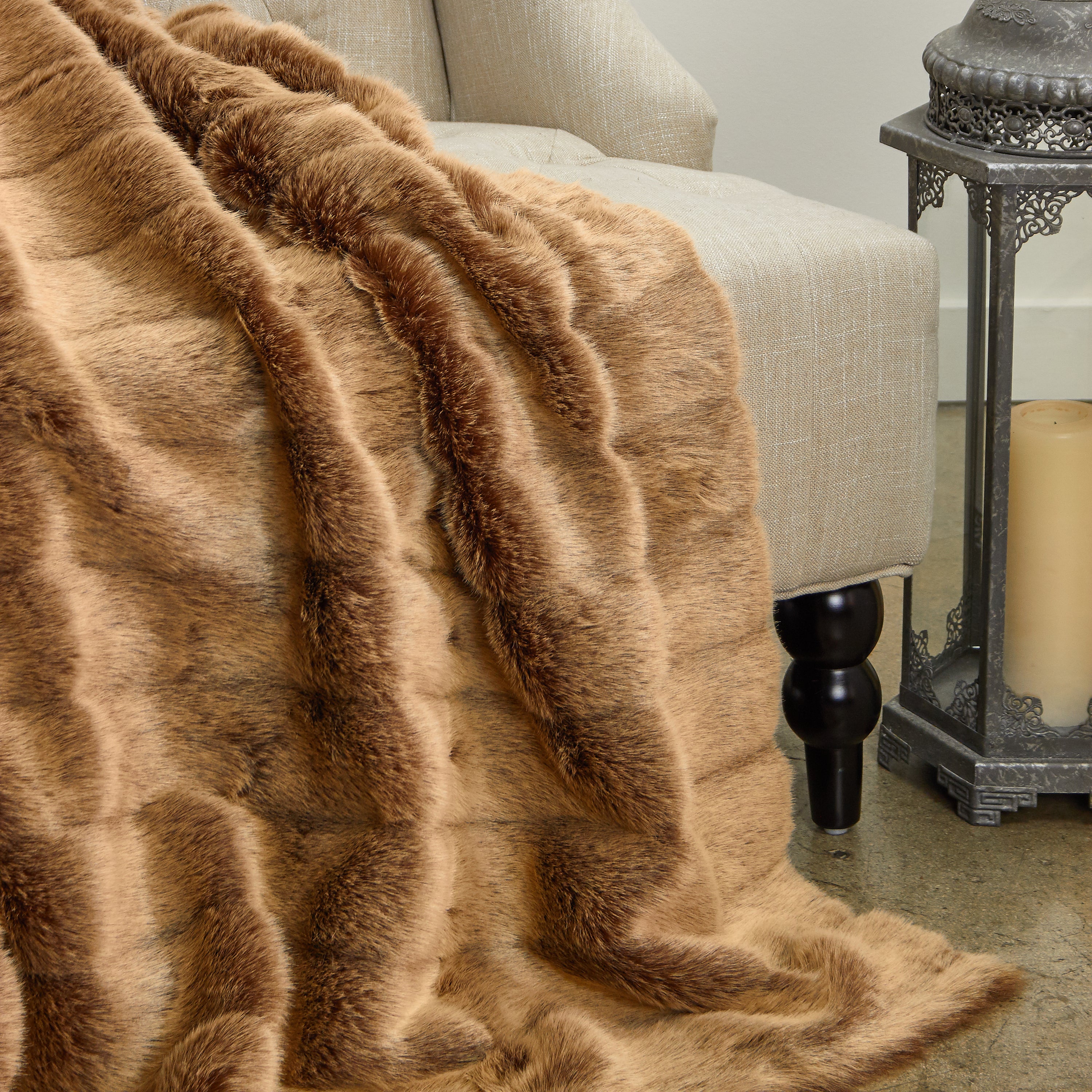 Frost Mink Light Brown Faux Fur Luxury Throw, showcasing its soft texture and elegant design, perfect for home decor.