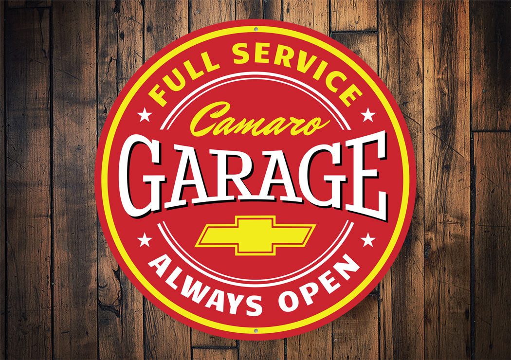 Full Service Camaro Garage Sign made of high-quality aluminum, featuring a classic design perfect for car enthusiasts.