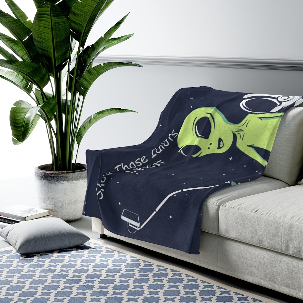Funny Alien velveteen plush blanket featuring a whimsical alien design, perfect for cozying up at home.