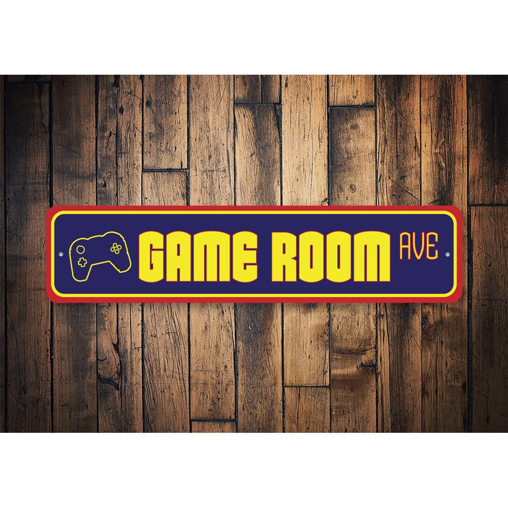 Customizable metal street sign for game room decor, featuring high-quality aluminum construction and pre-drilled holes for easy mounting.
