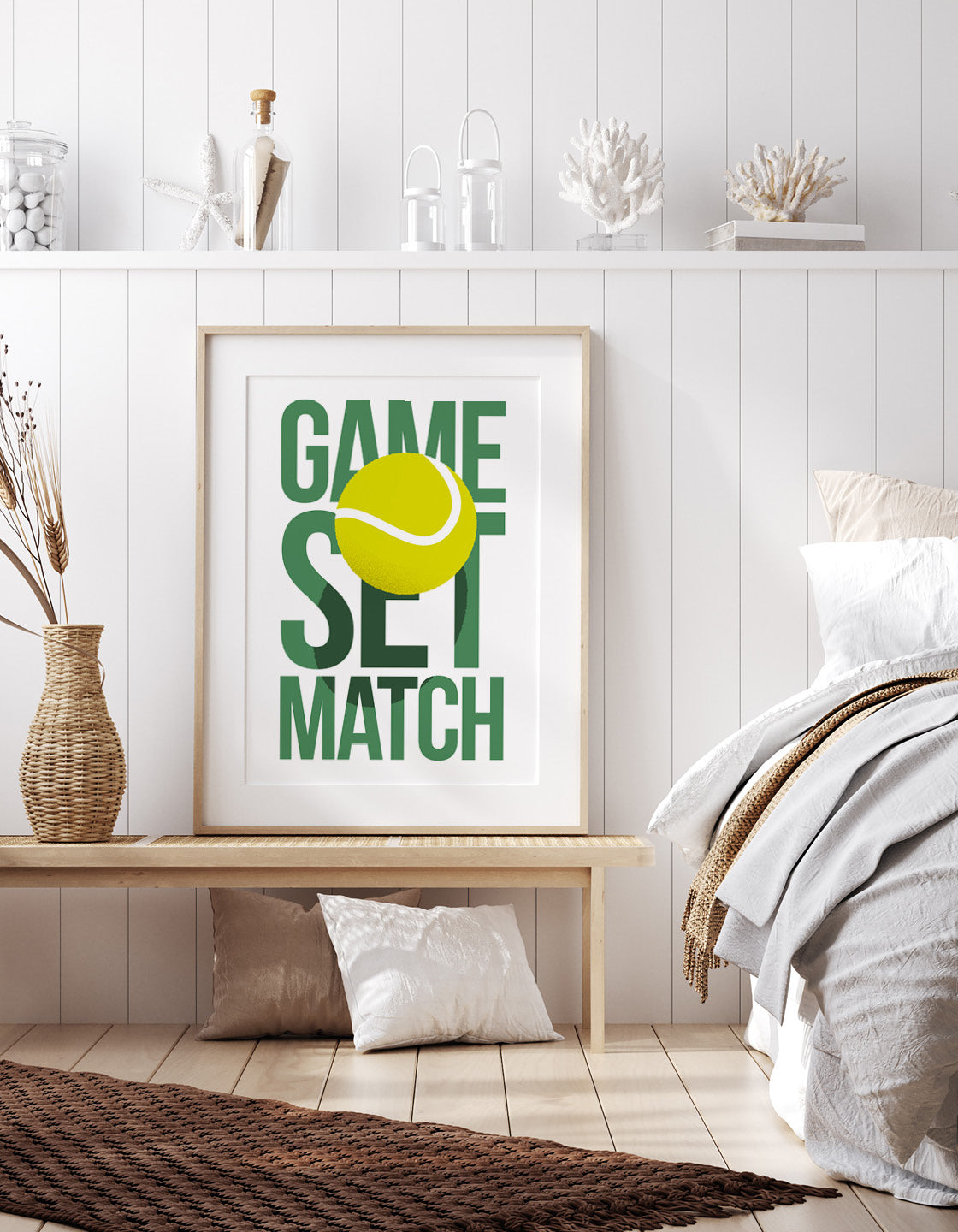 A vibrant tennis-themed wall art print featuring motivational typography, perfect for games room decor.