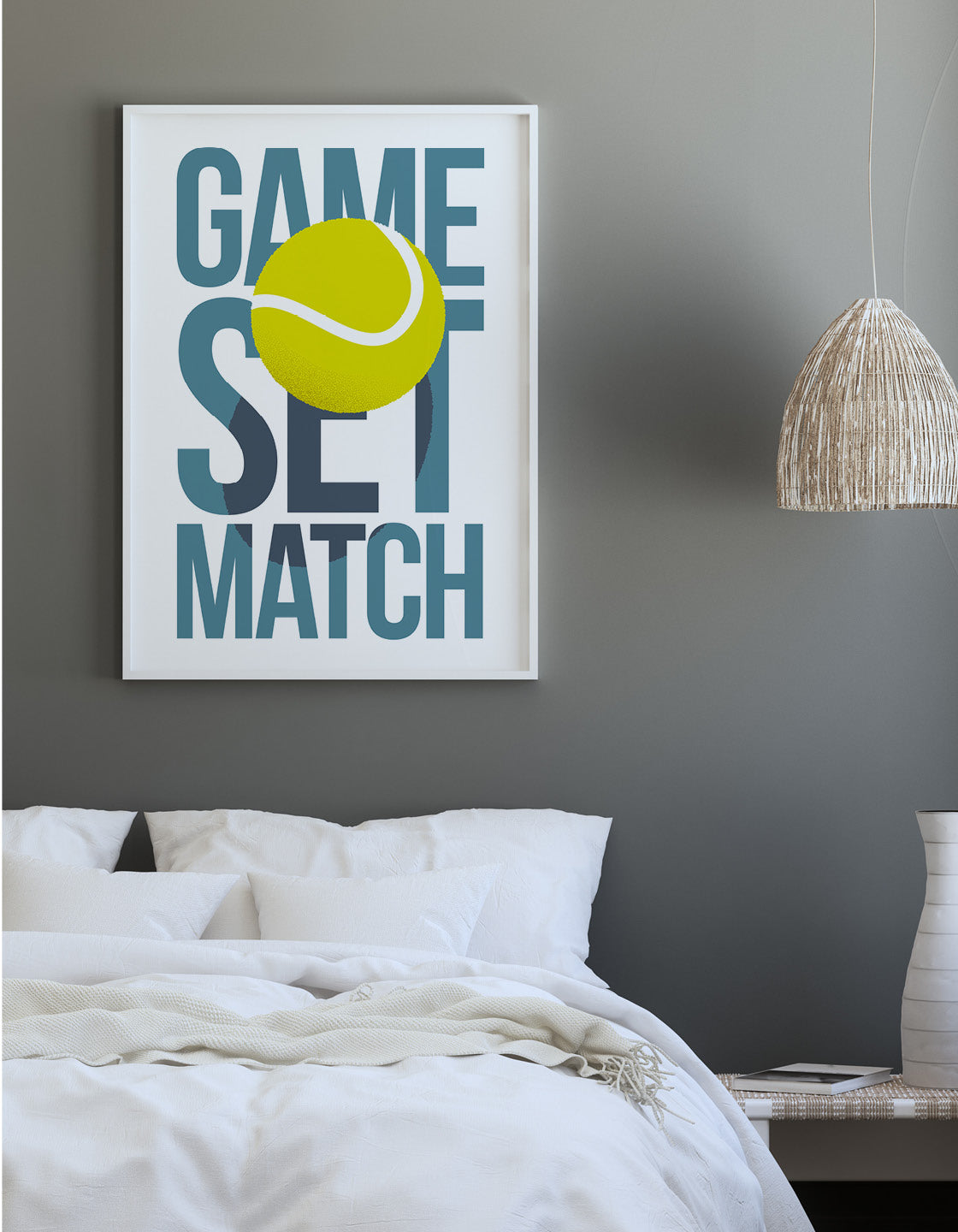 A vibrant tennis-themed wall art print featuring motivational typography, perfect for games room decor.