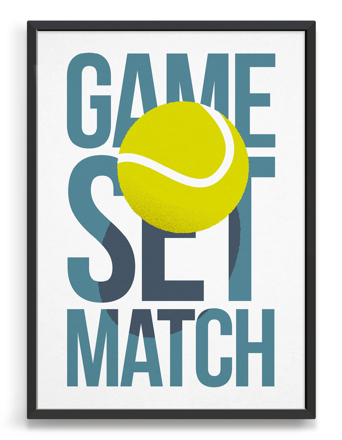 A vibrant tennis-themed wall art print featuring motivational typography, perfect for games room decor.