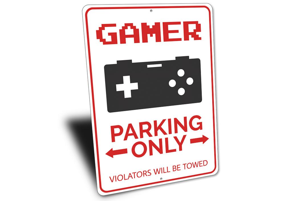 A vibrant Gamer Parking Sign made of durable aluminum, featuring gaming-themed graphics and customizable text for reserved parking.