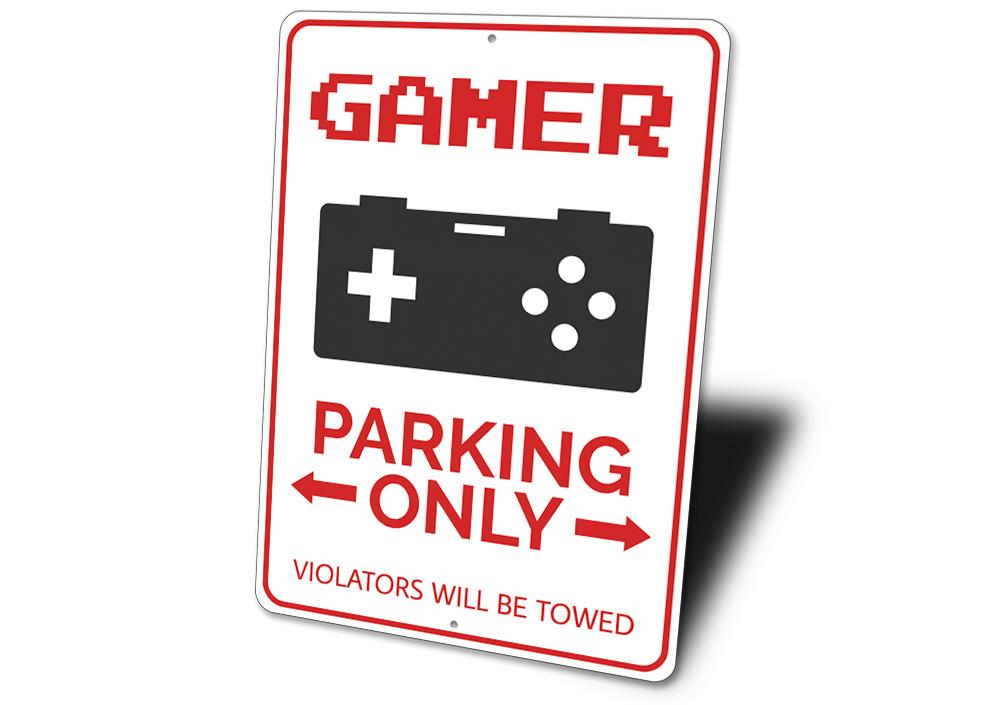 A vibrant Gamer Parking Sign made of durable aluminum, featuring gaming-themed graphics and customizable text for reserved parking.