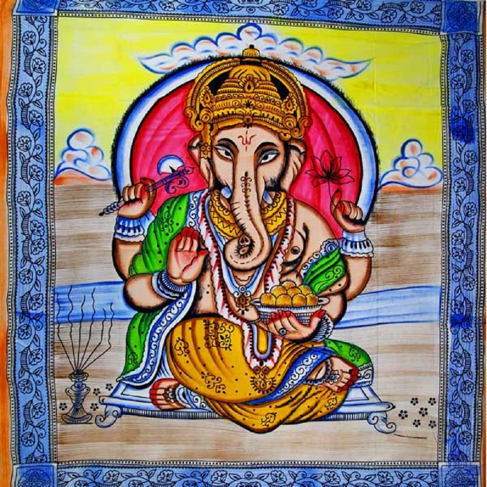 A beautifully crafted Ganesha tapestry featuring pastel colors and tassels, depicting Ganesha holding a lotus flower, perfect for home decor.