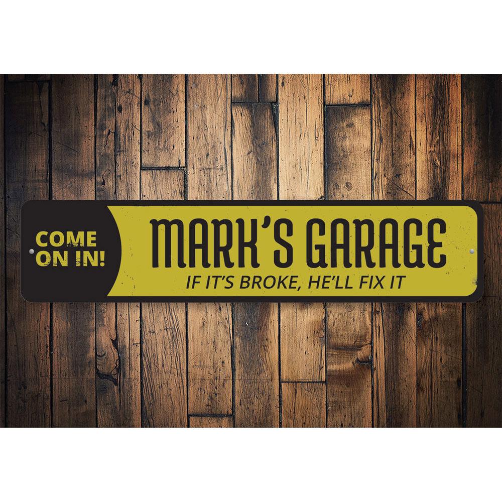 A decorative 'Come On In' sign for garages, made of durable aluminum with customizable text options.