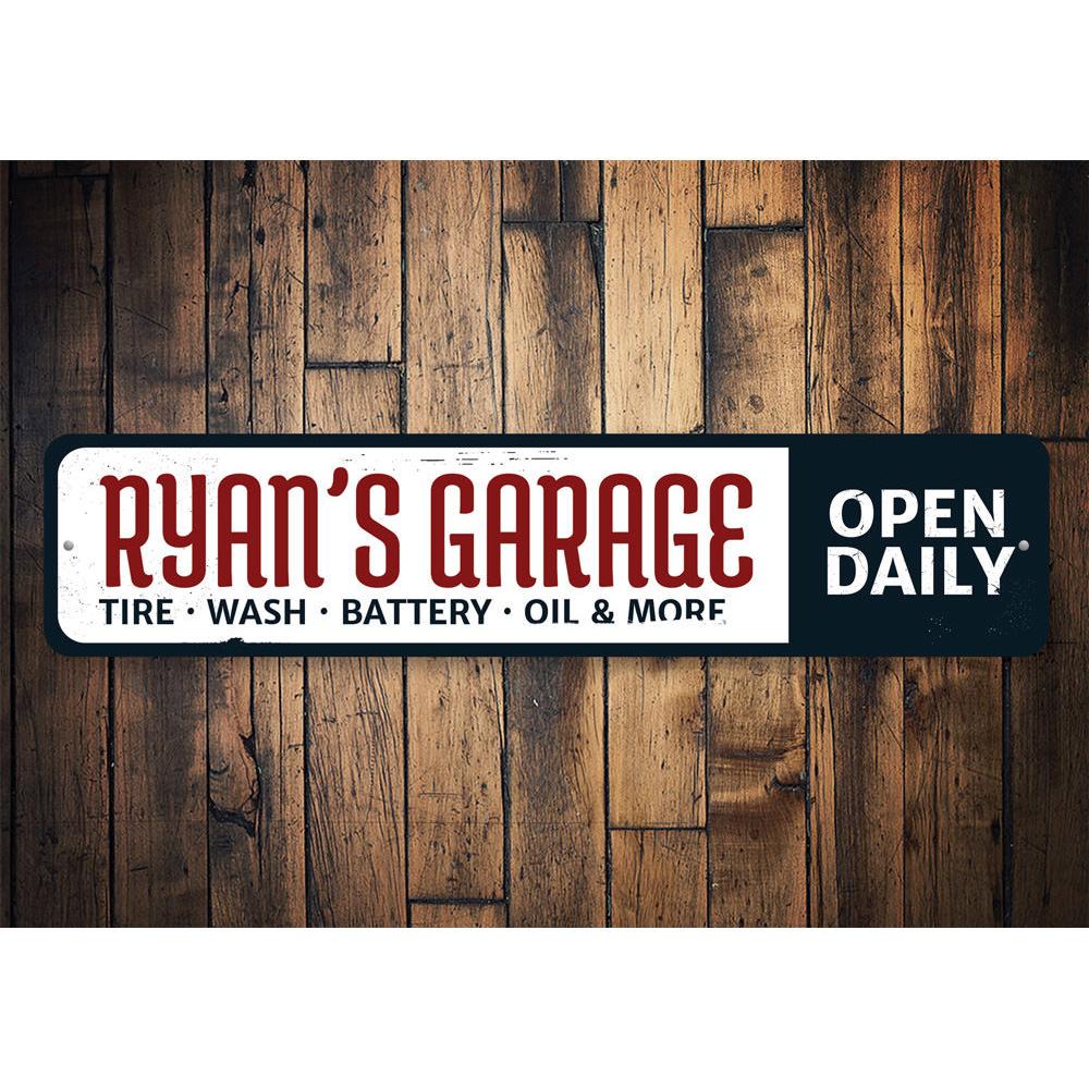 Garage Open Daily sign made of high-quality aluminum, featuring customizable text and pre-drilled holes for easy mounting.