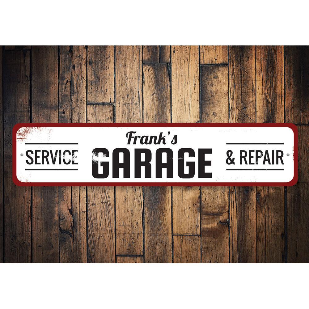 A decorative Garage Service & Repair Sign made of high-quality aluminum, featuring customizable text and pre-drilled holes for easy mounting.