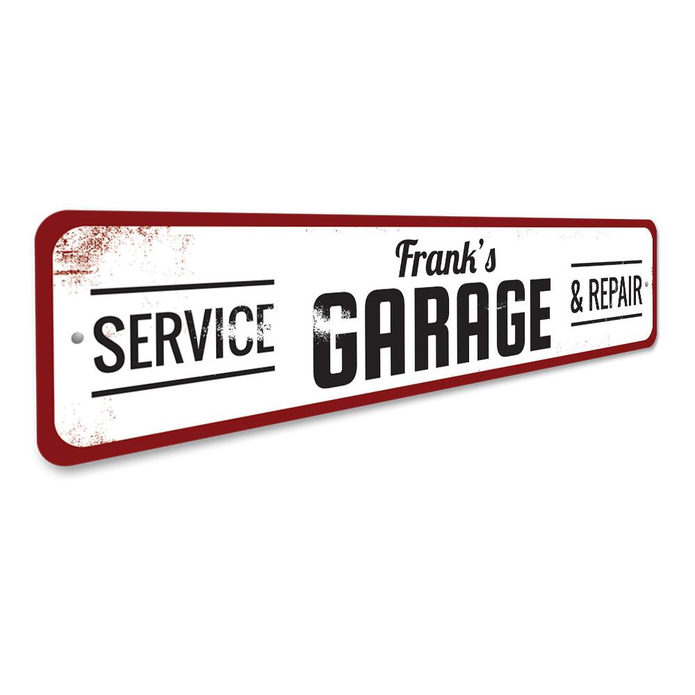 A decorative Garage Service & Repair Sign made of high-quality aluminum, featuring customizable text and pre-drilled holes for easy mounting.