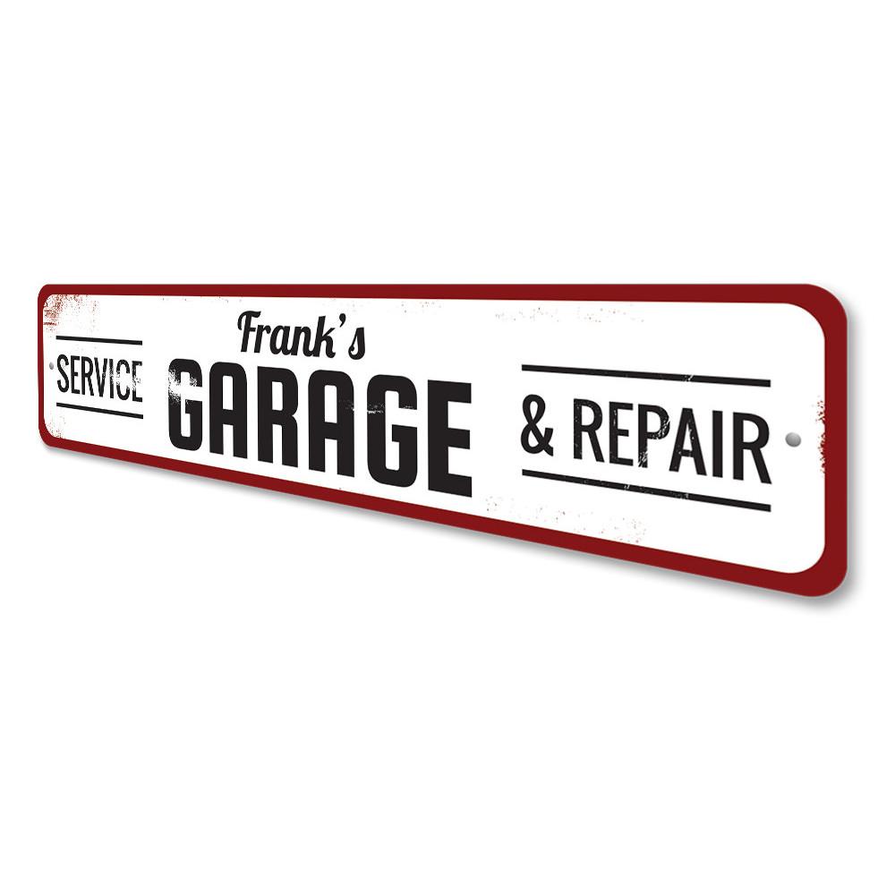 A decorative Garage Service & Repair Sign made of high-quality aluminum, featuring customizable text and pre-drilled holes for easy mounting.