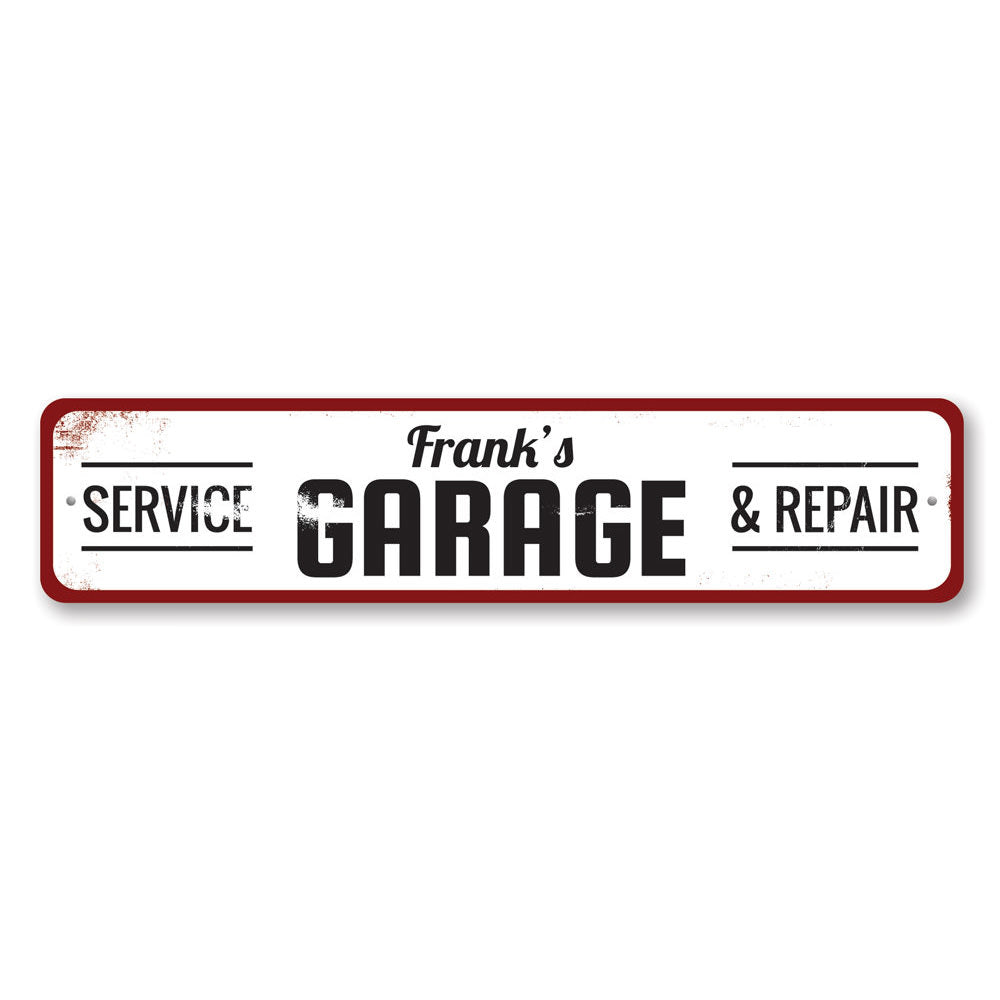 A decorative Garage Service & Repair Sign made of high-quality aluminum, featuring customizable text and pre-drilled holes for easy mounting.