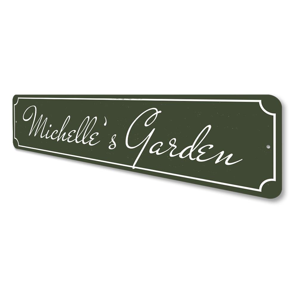 A personalized Garden Name Sign made of durable aluminum, featuring custom text and pre-drilled holes for easy mounting.