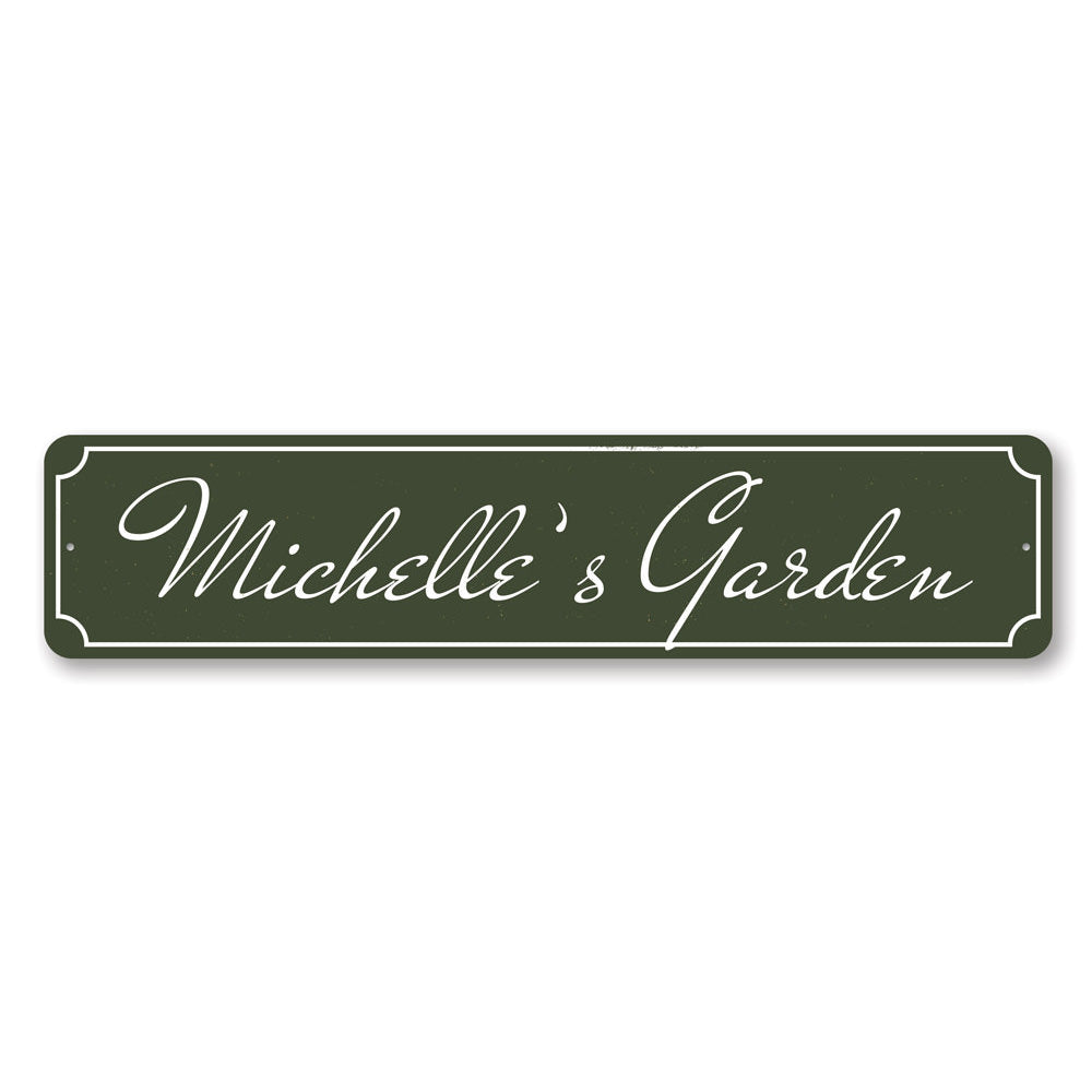 A personalized Garden Name Sign made of durable aluminum, featuring custom text and pre-drilled holes for easy mounting.